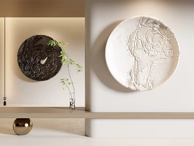 Black And White Textured Circular Wall Decor In Minimalist Space 3d model