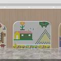 Kids Room Cartoon Wall With Wooden Frame Colorful House Animal Rainbow Flower Designs 3d model