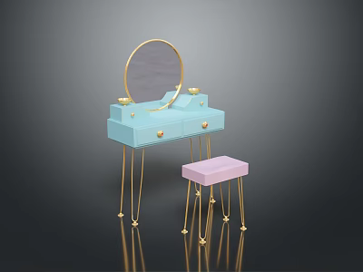 Modern Light Blue Dressing Table with Gold Accents Round Mirror and Pink Stool 3d model