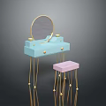 Modern Light Blue Dressing Table with Gold Accents Round Mirror and Pink Stool