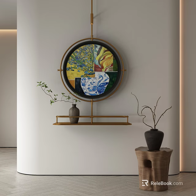 Abstract Circular Painting With Vibrant Colors On Wall Decorative Shelf And Ceramic Vase 3d model 