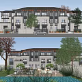 Modern Traditional Townhouse Exterior Design With Balconies Windows Greenery And Parked Car