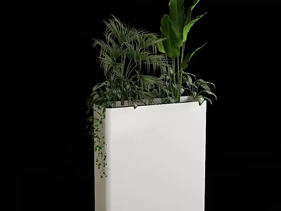 White Square Flower Stand with Lush Green Plants and Palm Leaves 3d model