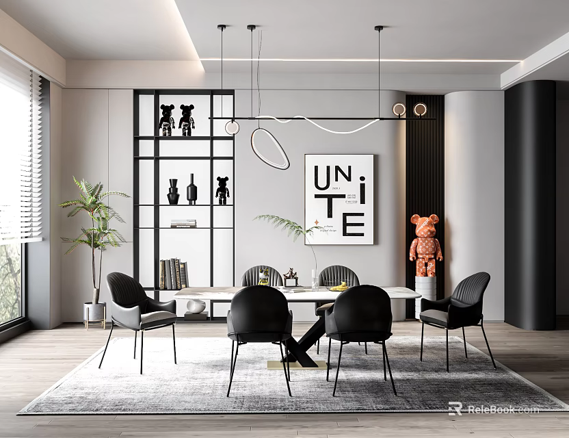 Modern Restaurant Interior With White Table Black Chairs "UNITE" Wall Art Pendant Lights And Plants 3d model 
