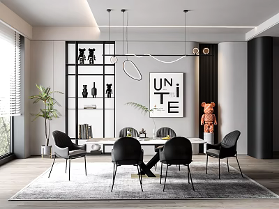 Modern Restaurant Interior With White Table Black Chairs "UNITE" Wall Art Pendant Lights And Plants 3d model