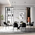 Modern Restaurant Interior With White Table Black Chairs "UNITE" Wall Art Pendant Lights And Plants