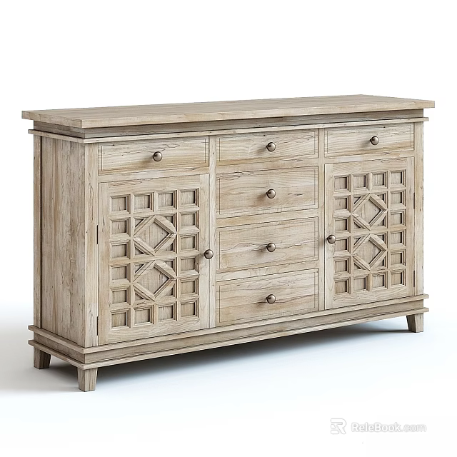 Rustic Wooden Chest of Drawers with Carved Lattice Doors and Multiple Drawers 3d model 