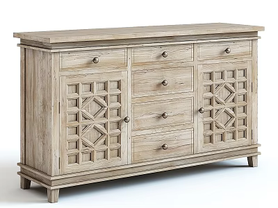 Rustic Wooden Chest of Drawers with Carved Lattice Doors and Multiple Drawers 3d model