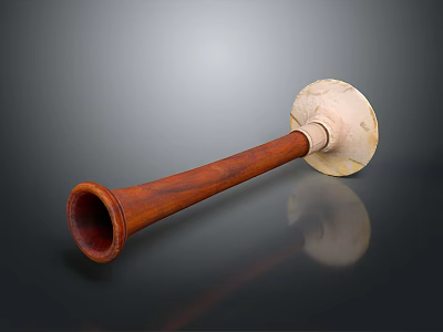 Vintage Horn Shaped Object With Wooden Handle And White Circular Base 3d model