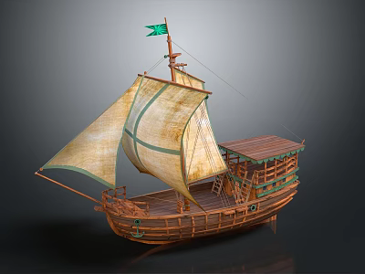 Traditional Wooden Sailing Ship With Canvas Sails Green Flag And Detailed Deck Structure 3d model