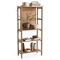 Minimalist Wooden Storage Shelf With Decorative Vases Books Bowls And Potted Plants