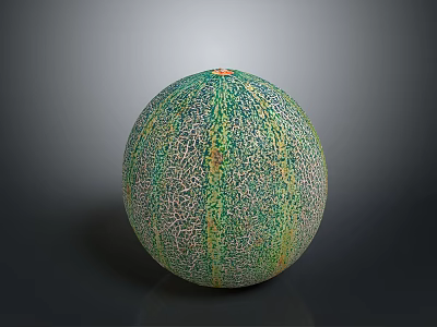 Fresh Ripe Cantaloupe With Green And Yellow Netted Skin Round Shape On Gray Background 3d model