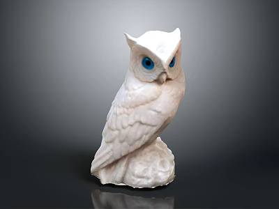 White Owl Sculpture With Blue Eyes Detailed Feathers And Reflective Dark Background 3d model