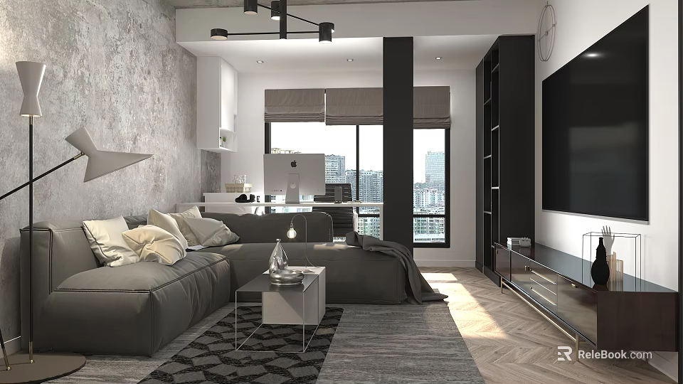 Modern Living And Dining Room Interior Featuring Grey Sofa Coffee Table Open Space And Windows 3d model 