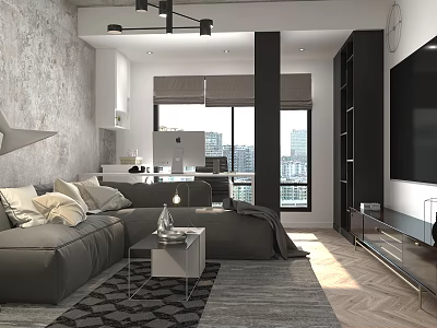 Modern Living And Dining Room Interior Featuring Grey Sofa Coffee Table Open Space And Windows 3d model