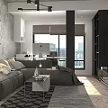 Modern Living And Dining Room Interior Featuring Grey Sofa Coffee Table Open Space And Windows
