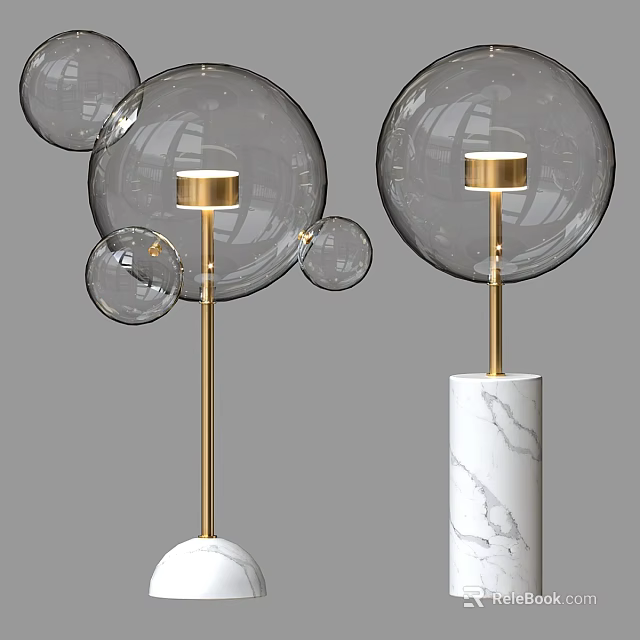 Modern Transparent Bubble Design Table Lamps With Gold Poles And White Spherical Marble Cylindrical Bases 3d model 