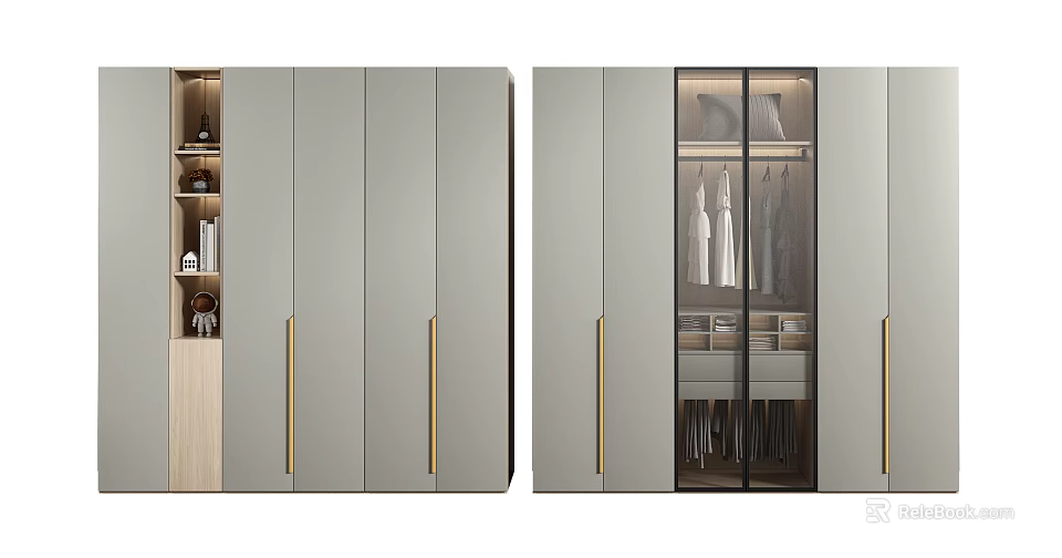 Modern Light Gray Wardrobe With Golden Handles Glass Door Open Shelf And Hanging Area 3d model 