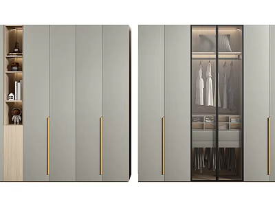 Modern Light Gray Wardrobe With Golden Handles Glass Door Open Shelf And Hanging Area 3d model