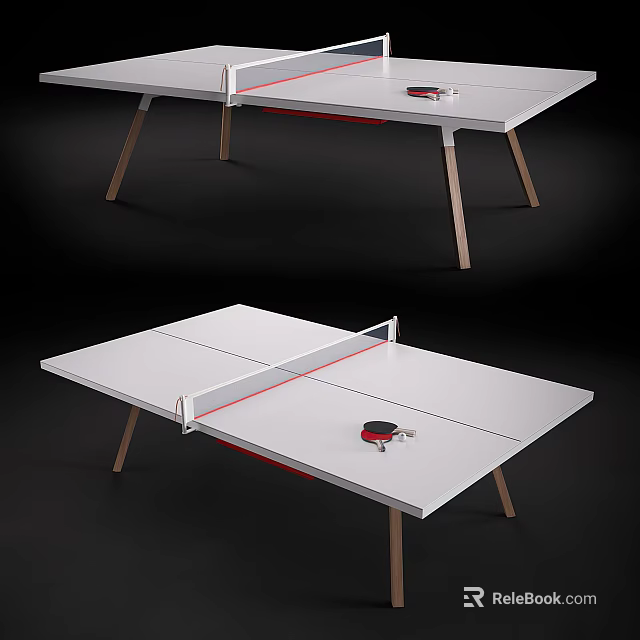 Table Tennis Table With White Surface Red Net Ping Pong Paddle Ball And Wooden Legs 3d model 