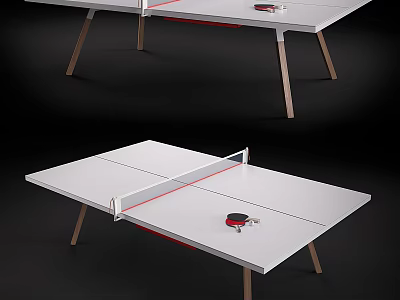 Table Tennis Table With White Surface Red Net Ping Pong Paddle Ball And Wooden Legs 3d model