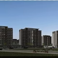 Modern High Rise Residential Buildings at Twilight With Lawn Path And Pedestrians