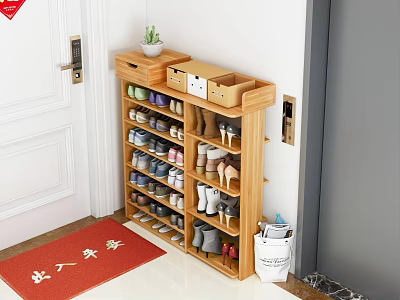 Wooden Multi Tiered Shoe Cabinet For Entryway With Shoes Storage And Decorative Potted Plant 3d model