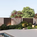 Modern Garden Landscape Design With Perforated Walls Red Maple Trees Shrubs And Crane Statue