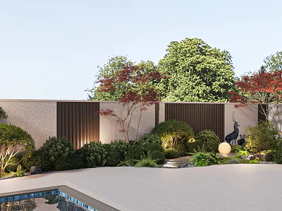 Modern Garden Landscape Design With Perforated Walls Red Maple Trees Shrubs And Crane Statue 3d model