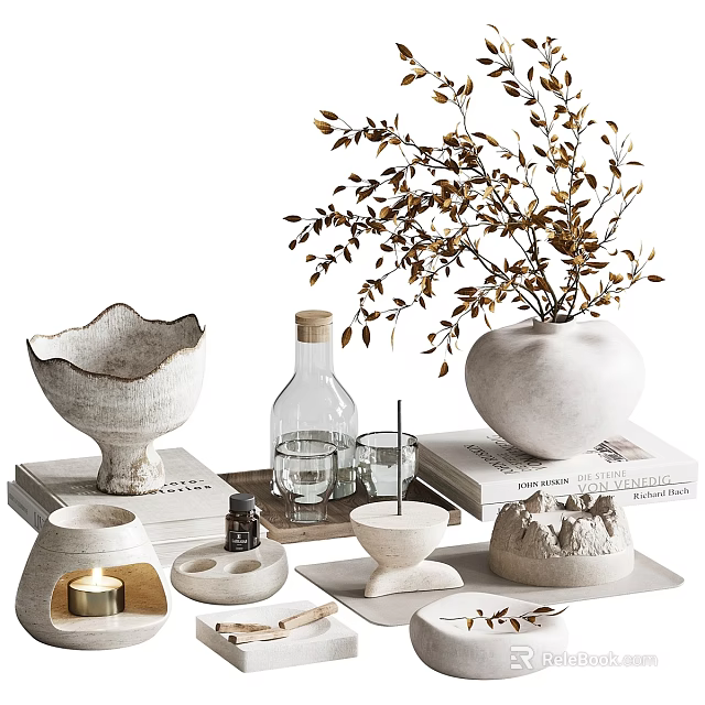 Minimalist Ceramic Decorative Ornament Set With Vase Bowl Candle And Sculpture On Stacked Books 3d model 
