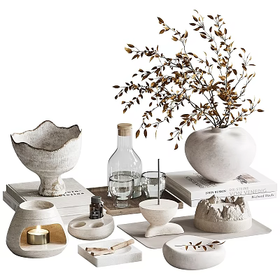 Minimalist Ceramic Decorative Ornament Set With Vase Bowl Candle And Sculpture On Stacked Books 3d model