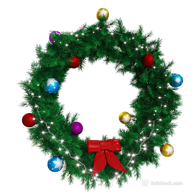 Christmas Wreath Decorated With Green Foliage Colorful Balls String Lights And Red Bow 3d model 