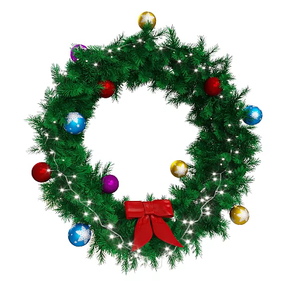 Christmas Wreath Decorated With Green Foliage Colorful Balls String Lights And Red Bow 3d model