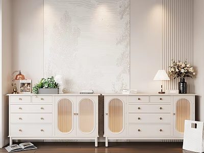 Modern White Console and Side Cabinet with Drawers Doors Green Plants and Textured Wall 3d model