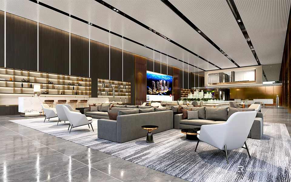 Modern Sales Office Interior With Gray Sofas White Chairs Shelves And City View Display Screen 3d model 