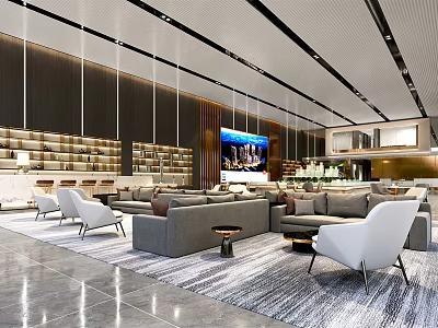 Modern Sales Office Interior With Gray Sofas White Chairs Shelves And City View Display Screen 3d model