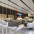 Modern Sales Office Interior With Gray Sofas White Chairs Shelves And City View Display Screen