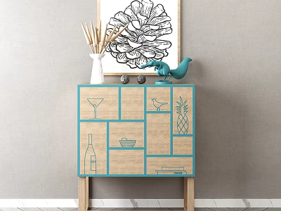 Stylish Entryway Console Cabinet With Turquoise Trim Wooden Legs Panel Line Art And Decorative Figurines 3d model