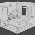 Cartoon Pink Bedroom Scene With Rabbit Ear Wardrobe Bed Window Clock Bookshelf And Rug
