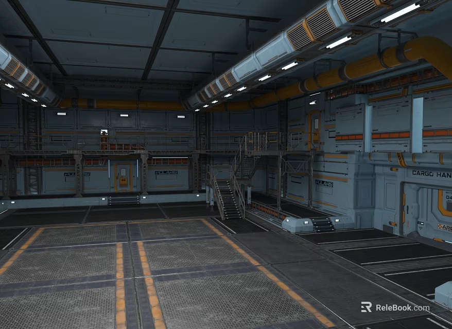 Industrial Sci-Fi Interior With Metal Structures Pipes Platforms Staircases And Grid-Patterned Floor 3d model 
