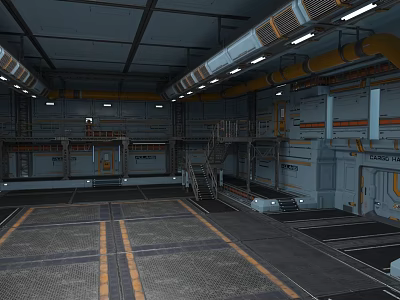 Industrial Sci-Fi Interior With Metal Structures Pipes Platforms Staircases And Grid-Patterned Floor 3d model