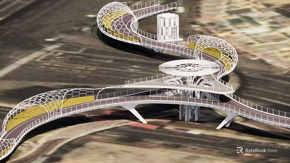 Modern Spiral Landscape Bridge Featuring Unique Curved Structure And Glass Walkway 3d model 