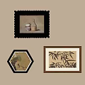 Abstract Paintings With Wavy Hexagonal Brown Frames Featuring Bottles Bird And Bamboo Leaves On Wall