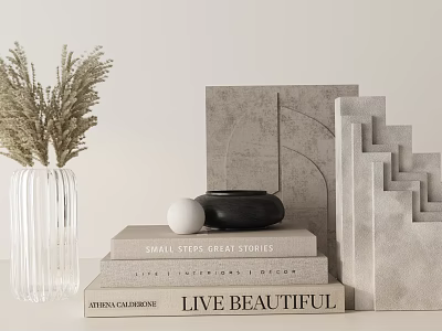 Minimalist Decorative Ornament Collection Featuring Glass Vase Dried Plants Stacked Books And Geometric Decor Pieces 3d model