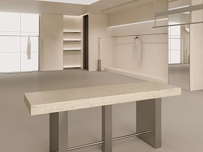 Modern Clothing Store Interior With Open Space Hanging Racks Shelves And Beige Countertop Metal Leg Table 3d model