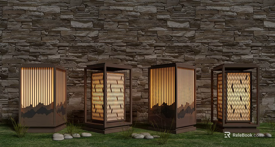 Outdoor Lights with Wooden Frames and Striped Shades Against Stone Wall on Grass with Stones 3d model 