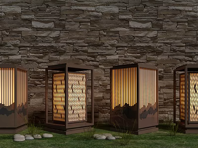 Outdoor Lights with Wooden Frames and Striped Shades Against Stone Wall on Grass with Stones 3d model