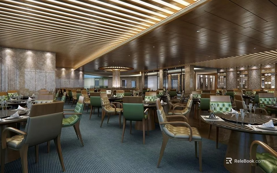 Modern Elegant Restaurant Interior With Wooden Slat Ceiling Tables Chairs And Lighting 3d model 