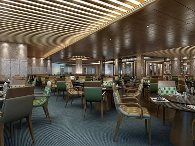 Modern Elegant Restaurant Interior With Wooden Slat Ceiling Tables Chairs And Lighting 3d model