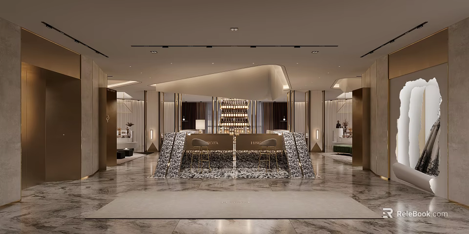 Elegant Luxury Banquet Hall Interior With Marble Bar Counter And Chandeliers 3d model 